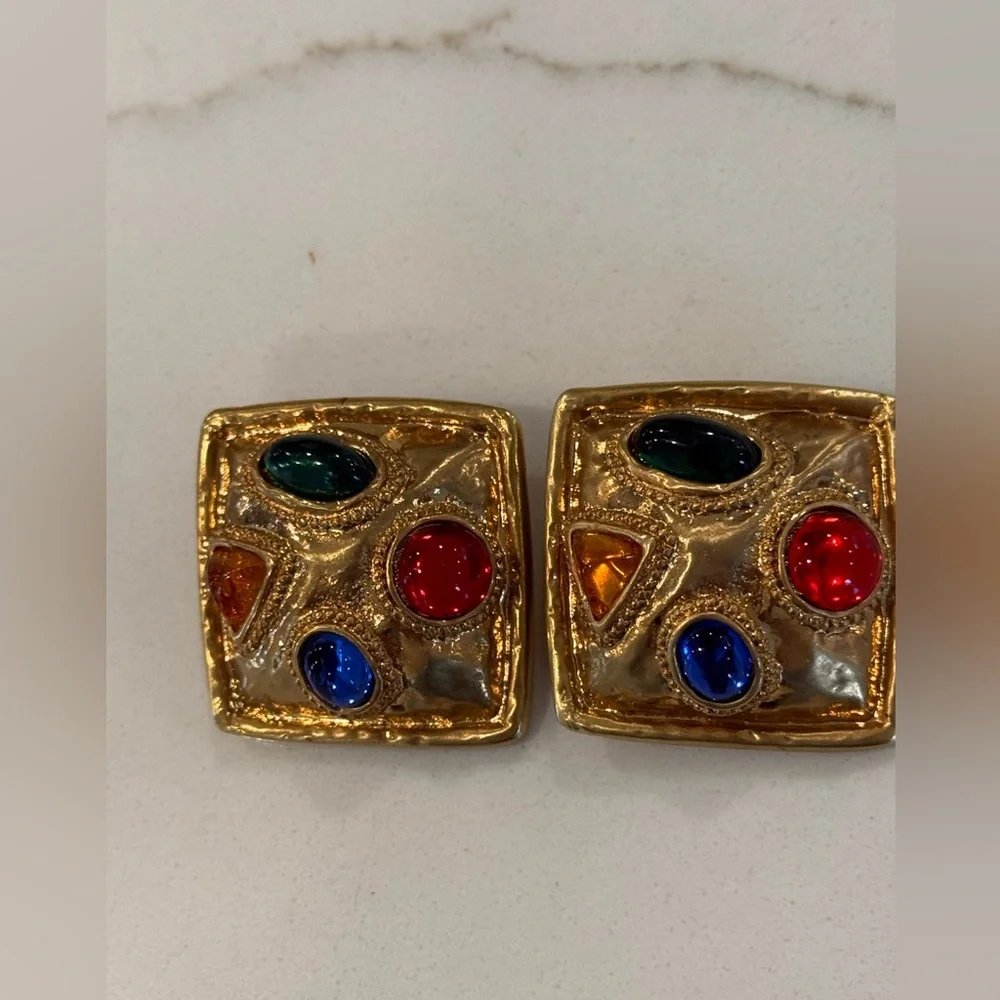 Les Bernard Gold Tone Clip On Earrings with Red, Blue, Green & Yellow Cabochon - Picture 6 of 13